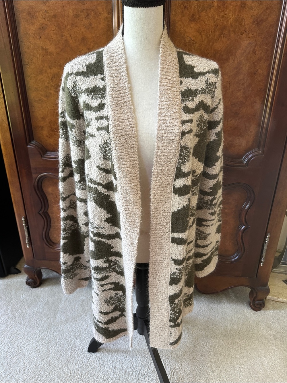 Natural Reflections Olive & Cream Camo Knit Cardigan